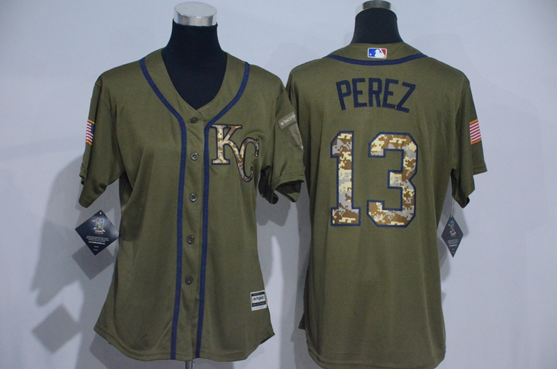 Womens 2017 MLB Kansas City Royals #13 Perez Green Salute to Service Stitched Baseball Jersey->women mlb jersey->Women Jersey
